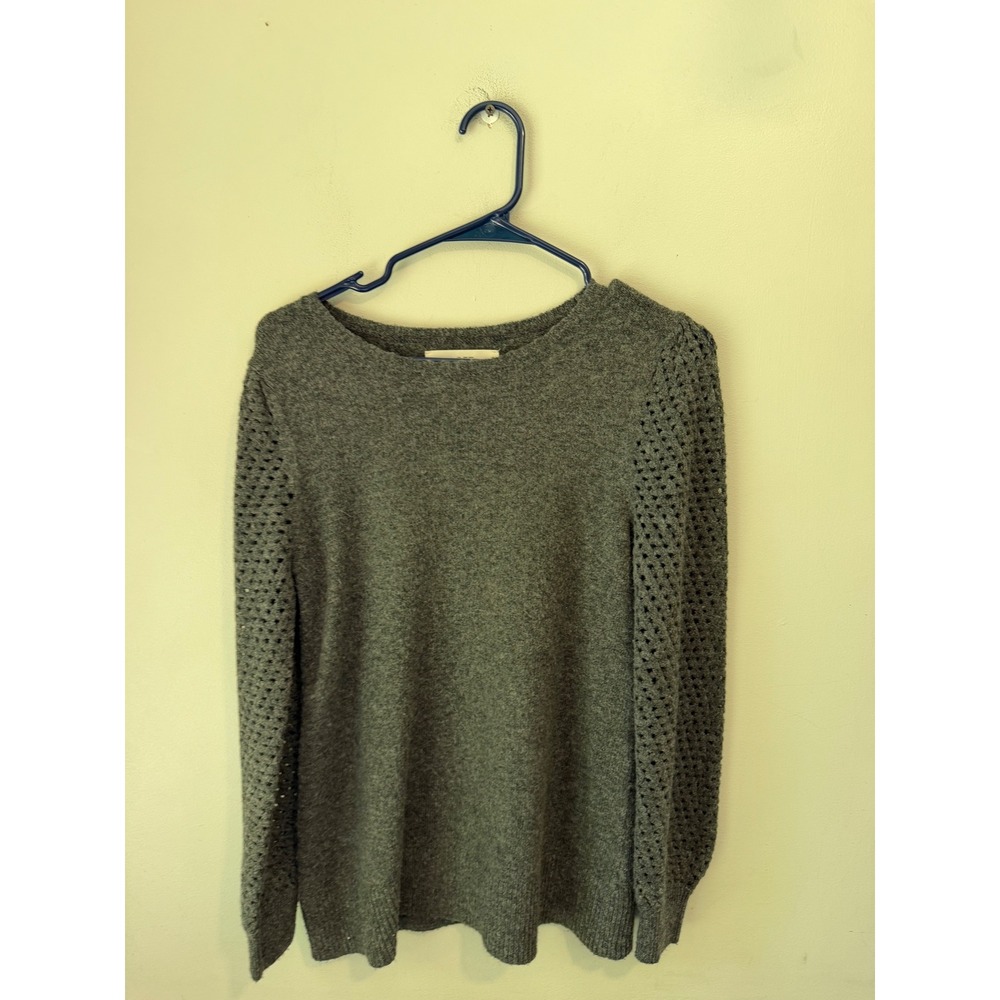 LOFT Womens Gray Pointelle Open Knit Sleeve Crewneck Sweater Small 466959